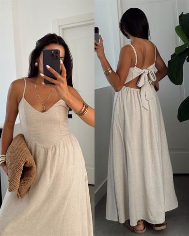 Bej Arkadan Bağlamalı Elbise