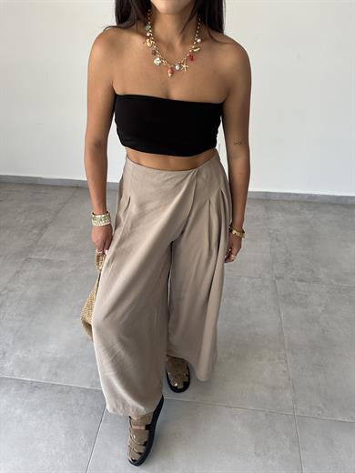 Bej Beli Lastikli Pareo Pantolon