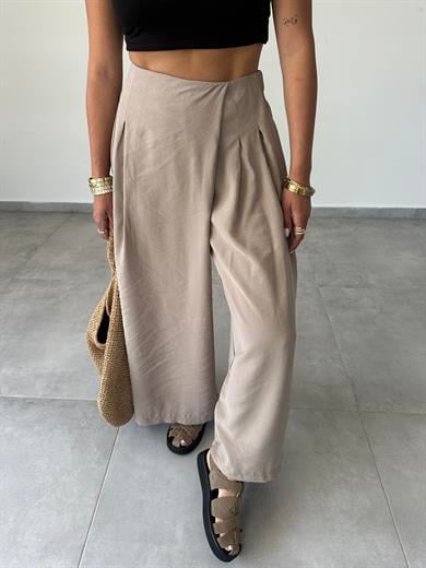 Bej Beli Lastikli Pareo Pantolon