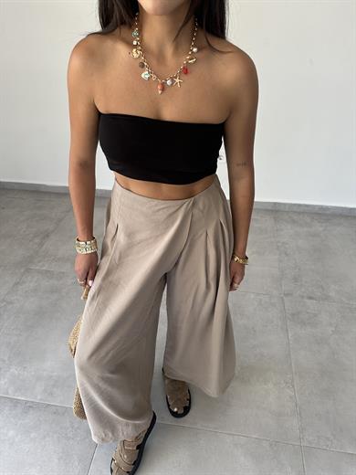 Bej Beli Lastikli Pareo Pantolon