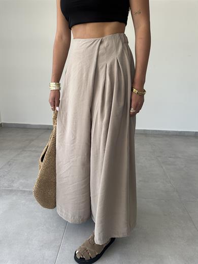 Bej Beli Lastikli Pareo Pantolon