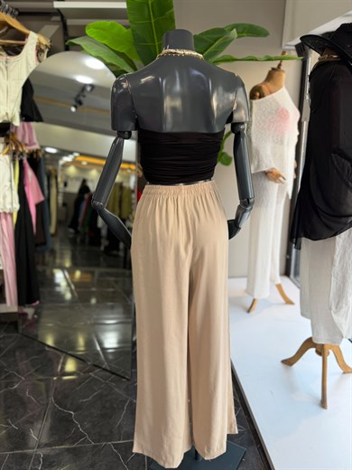 Bej Beli Lastikli Tencel Pantolon