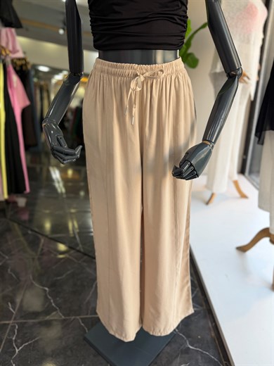 Bej Beli Lastikli Tencel Pantolon