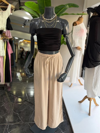 Bej Beli Lastikli Tencel Pantolon