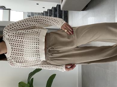 Bej Beli Lastikli Yıkamalı Pantolon