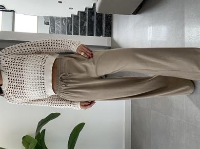 Bej Beli Lastikli Yıkamalı Pantolon