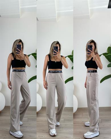 Bej Beli Yazı Detaylı Palazzo