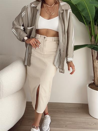 Bej-Beyaz Düşük Omuz Çizgili Gömlek