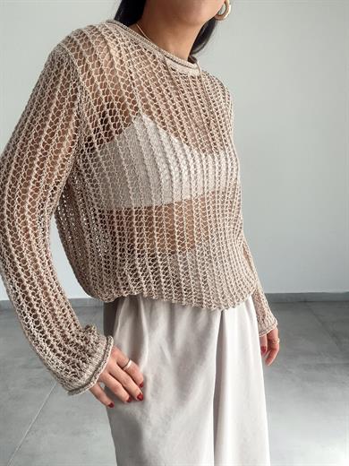 Bej Bisiklet Yaka Ajurlu Transparan Kazak