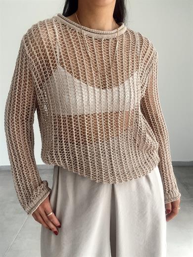 Bej Bisiklet Yaka Ajurlu Transparan Kazak