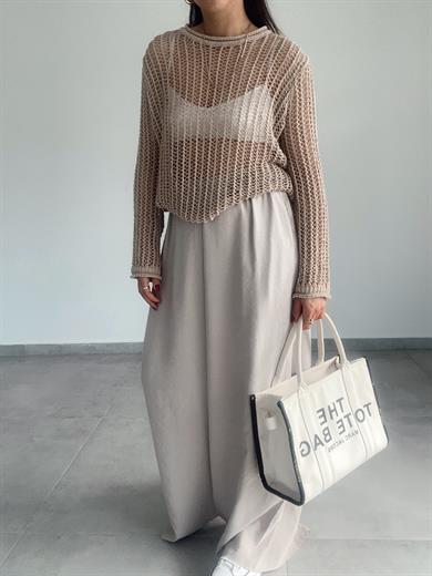 Bej Bisiklet Yaka Ajurlu Transparan Kazak