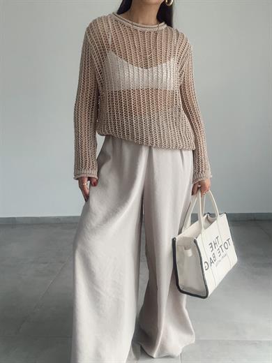 Bej Bisiklet Yaka Ajurlu Transparan Kazak