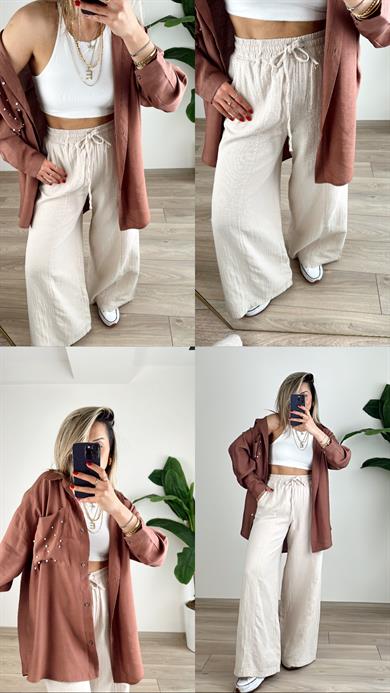 Bej Bol Paça Keten Pantolon