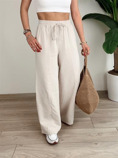 Bej Bol Paça Keten Pantolon