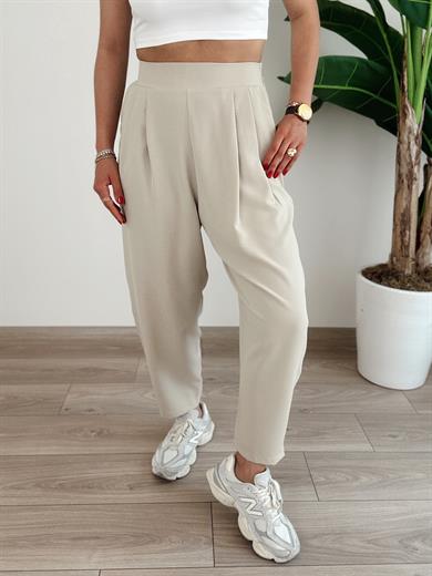 Bej Bombeli Yandan Fermuarlı Pantolon