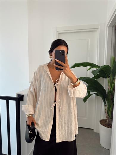 Bej Çift Bağlamalı Pareo Gömlek