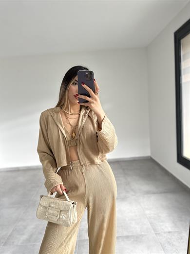 Bej Croplu Üçlü Takım