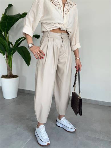 Bej Deri Şalvar Pantolon