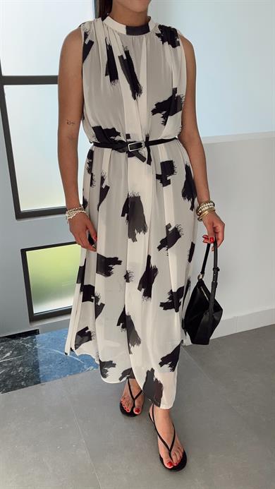 Bej Desenli Kraslı Elbise