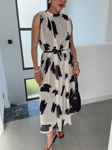 Bej Desenli Kraslı Elbise