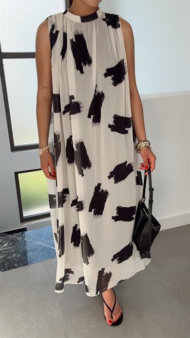 Bej Desenli Kraslı Elbise