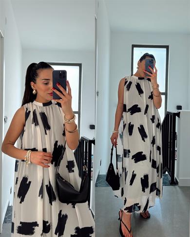 Bej Desenli Kraslı Elbise