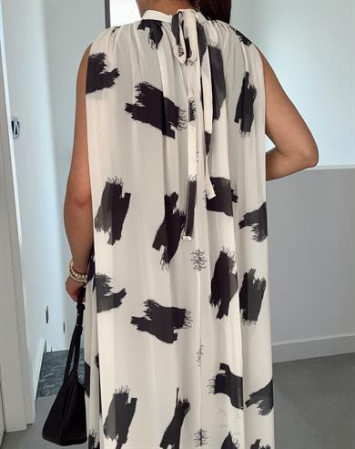 Bej Desenli Kraslı Elbise