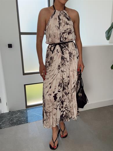 Bej Desenli Sırt Dekolteli Elbise