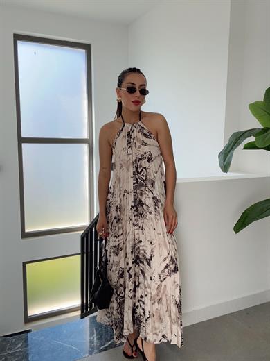 Bej Desenli Sırt Dekolteli Elbise