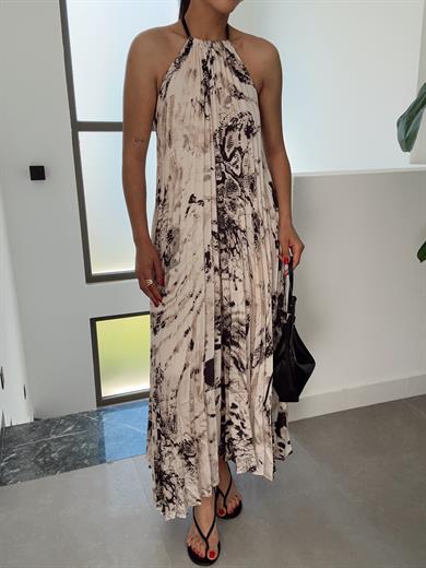 Bej Desenli Sırt Dekolteli Elbise