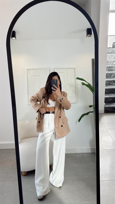 Bej Düğmeli Kruvaze Nubuk Ceket