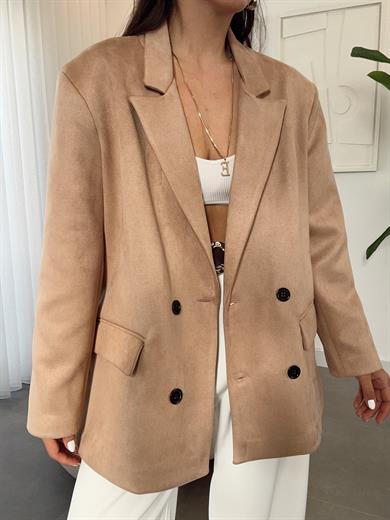 Bej Düğmeli Kruvaze Nubuk Ceket