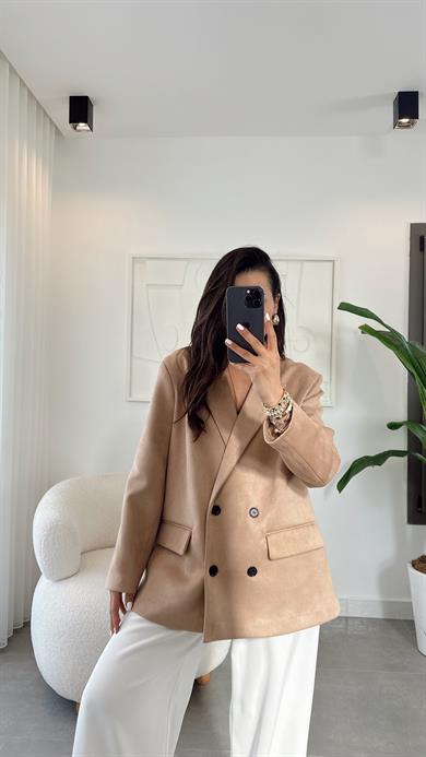 Bej Düğmeli Kruvaze Nubuk Ceket