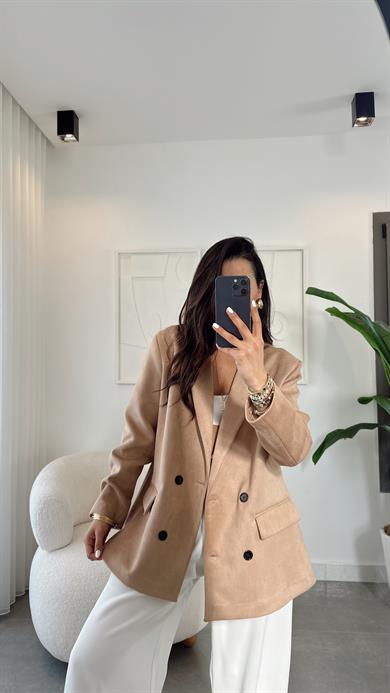 Bej Düğmeli Kruvaze Nubuk Ceket