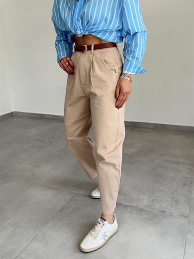 Bej Gabardin Kendinden Kemerli Pantolon