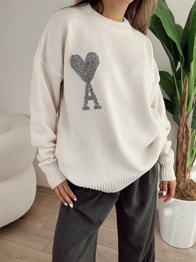 Bej Gri Kalp Baskılı Triko Kazak