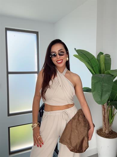 Bej Halter Yaka Bluz Takım