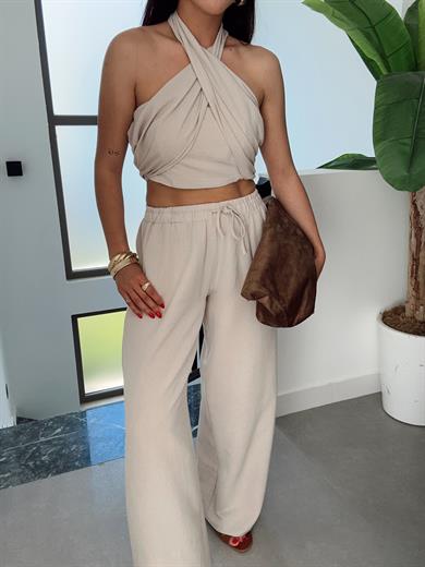 Bej Halter Yaka Bluz Takım