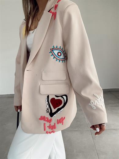 Bej İşlemeli Tasarım Blazer Ceket