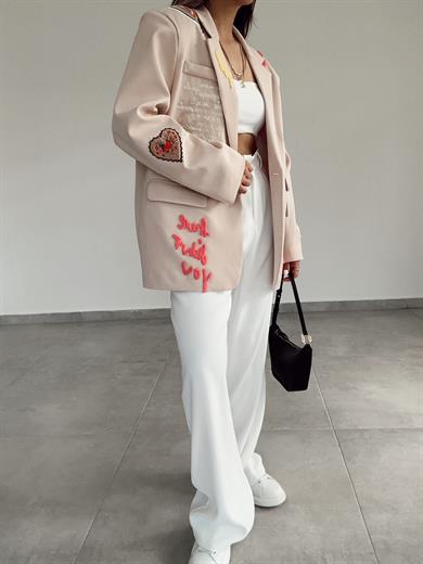 Bej İşlemeli Tasarım Blazer Ceket