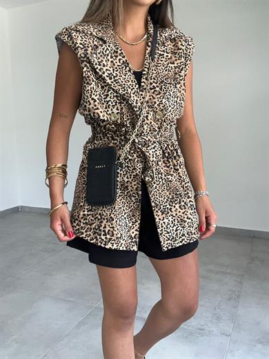 Bej-Kahv Leopar Desen Yelek