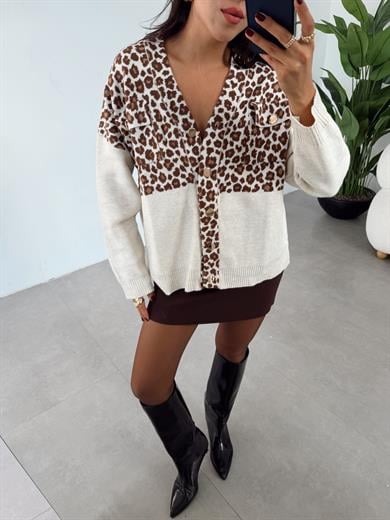 Bej Kahve Gold Düğmeli Leopar Desen Hırka