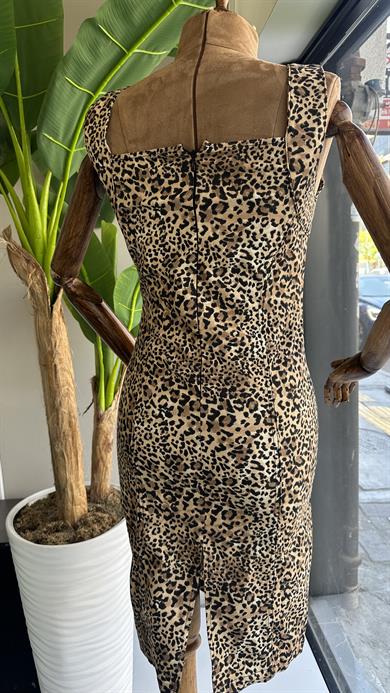 Bej-Kahve Kuş Gözü Detaylı Leopar Elbise