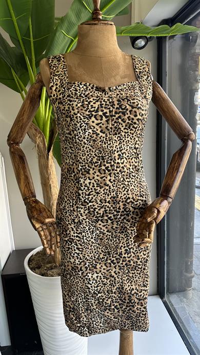 Bej-Kahve Kuş Gözü Detaylı Leopar Elbise