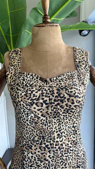 Bej-Kahve Kuş Gözü Detaylı Leopar Elbise