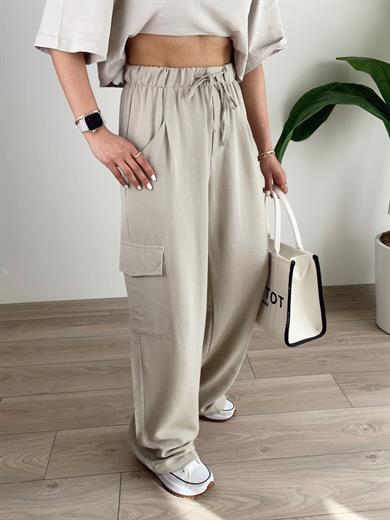 Bej Kargo Cep Keten Pantolon