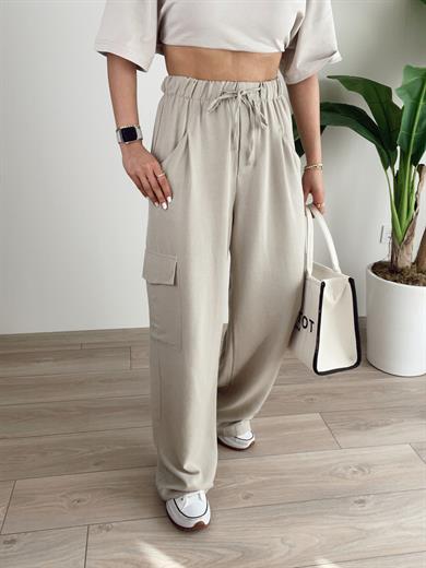 Bej Kargo Cep Keten Pantolon