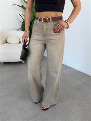 Bej Kemerli Wideleg Pantolon