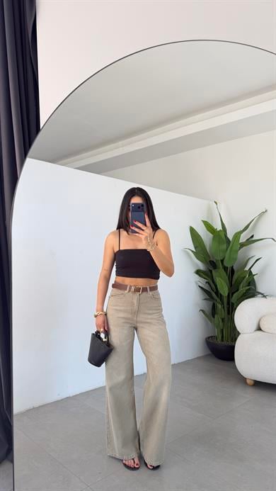 Bej Kemerli Wideleg Pantolon