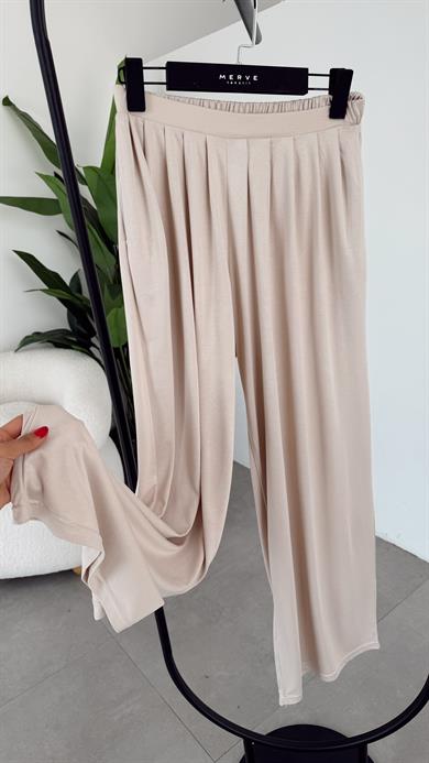 Bej Modal Pileli Bol Paça Pantolon
